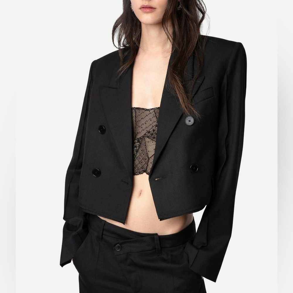 NWT Zadig & Voltaire Vito Double Breasted Wool Cropped Boxy Blazer Black Sz 40
